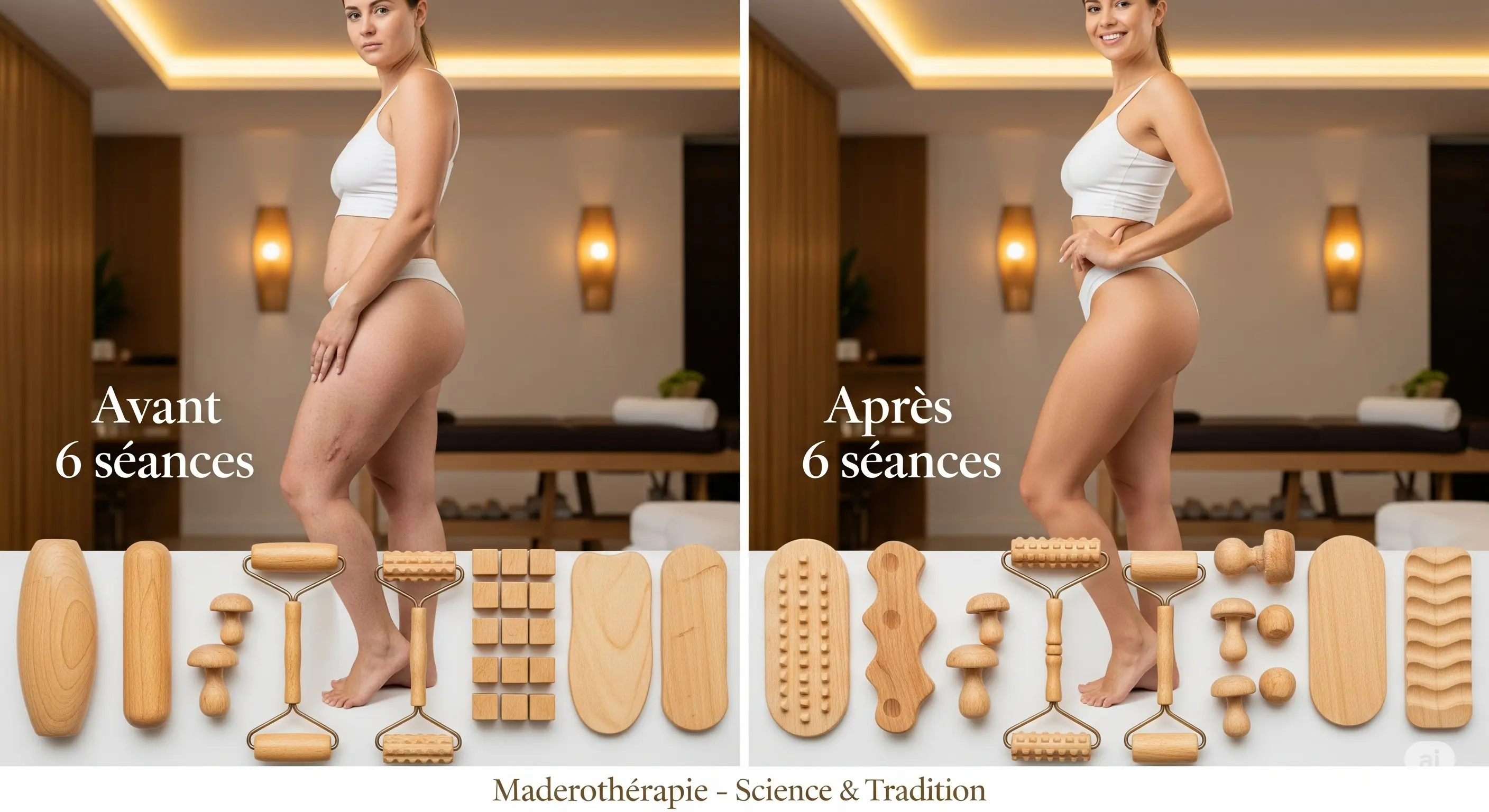 Avant après maderothérapie 6 séances - femme cellulite jambes transformation résultats massage bois outils traditionnels salon beauté Québec esthétique