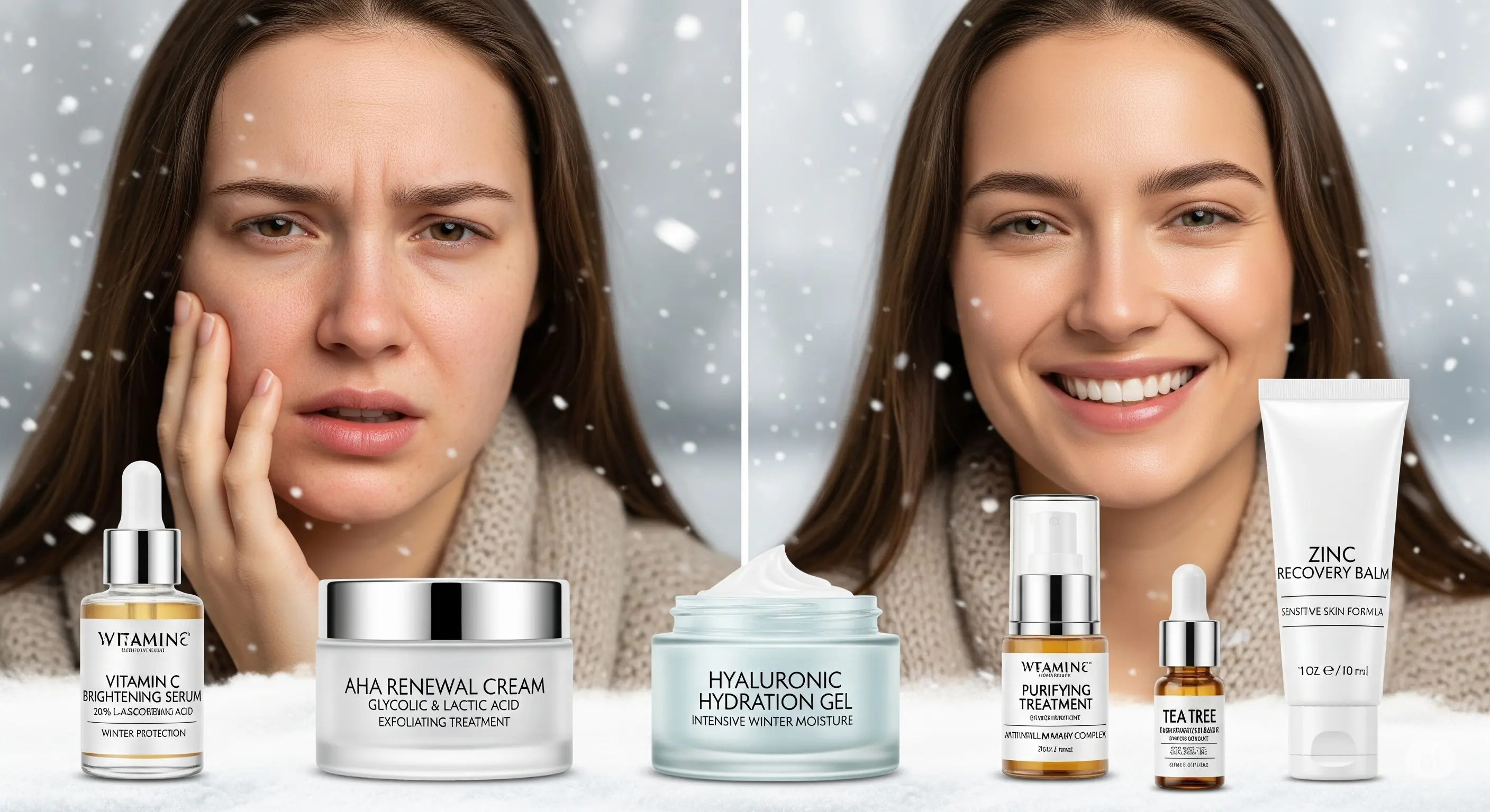 Avant après soins hiver - femme peau sèche irritée vs radieuse souriante avec produits vitamine C, AHA, acide hyaluronique, zinc, tea tree sur fond neigeux