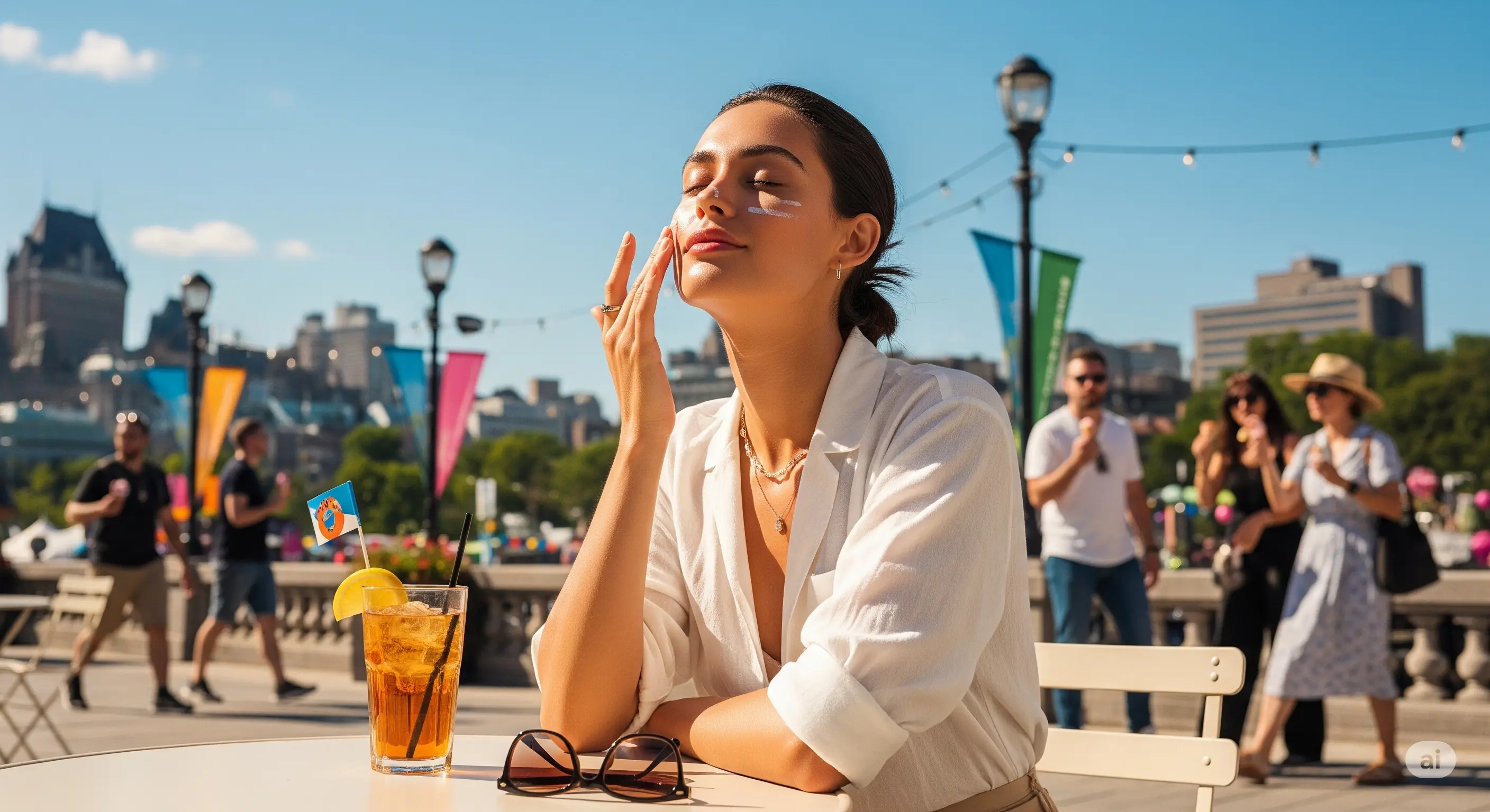 Femme appliquant crème solaire FPS sur terrasse été Québec - protection UV visage soins peau estivaux guide beauté salon Epicsoins