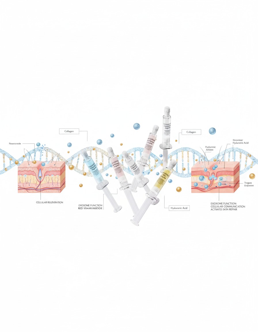 Ampoules THESERA avec visualisation scientifique des exosomes, ADN et régénération cellulaire cutanée